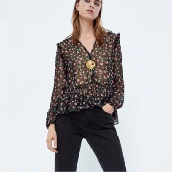 Zara Floral Print Peplum Blouse Top Black Metallic Gold Pink V-Neck MEDIUM - Picture 5 of 6